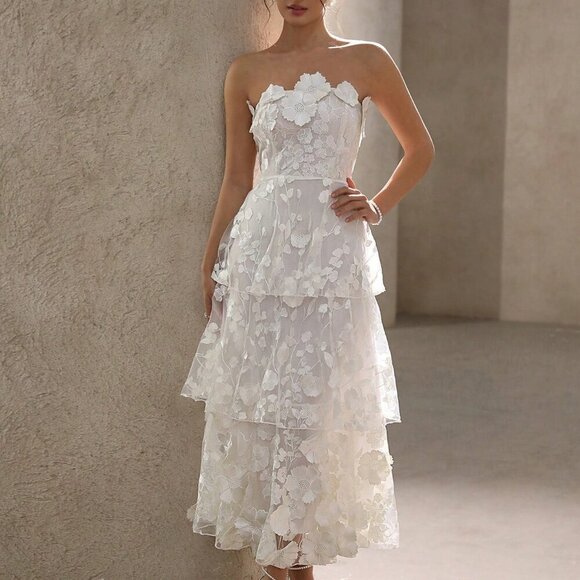 White Elegant Women's 3d Floral Decor Strapless Party Dress - Picture 6 of 7